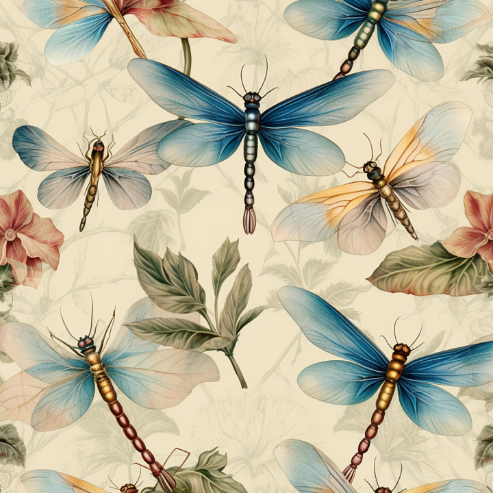 Delicate Dragonfly Wings and Botanical Motifs seamless PBR texture preview