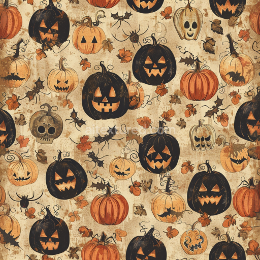 Preview — Seamless 3D PBR Texture of Vintage Halloween Pumpkins and Autumn Leaves