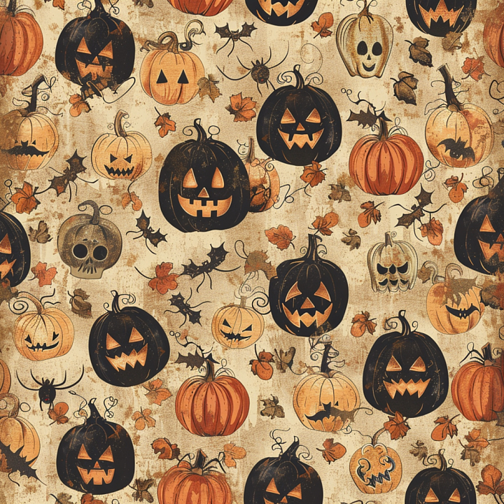 Vintage Halloween Pumpkins and Autumn Leaves seamless PBR texture preview