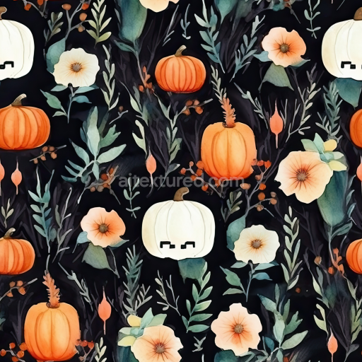 Seamless 3D PBR Texture of Watercolor Halloween Pumpkins and Floral Patterns