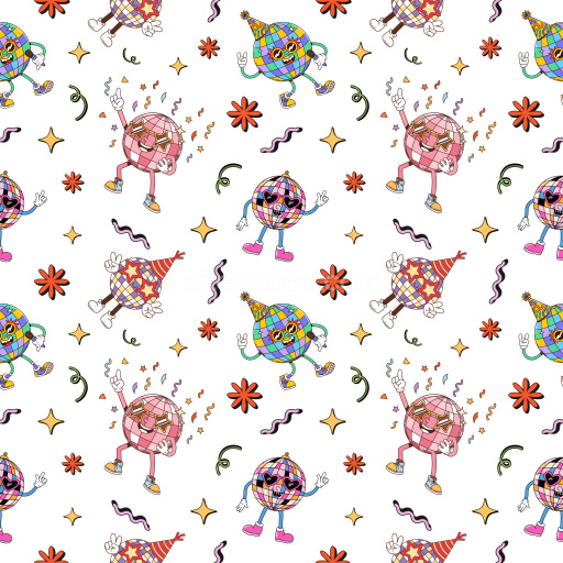 Pattern Bundle - Seamless 3D Retro Disco Ball Cartoon Pattern PBR Texture with Festive Motifs texture preview