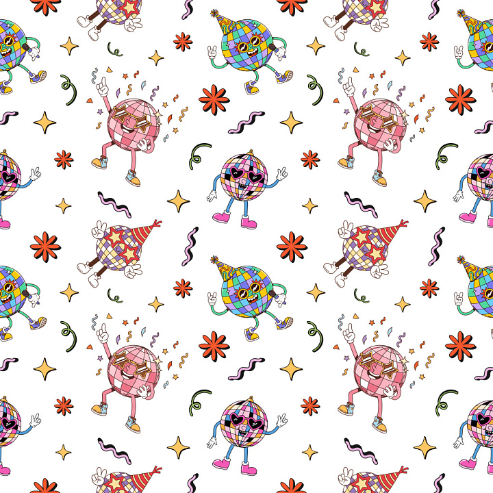 Retro Disco Ball Cartoon Pattern with Festive Motifs seamless PBR texture preview