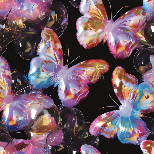 Seamless 3D Inflated PBR Texture of Colorful Foil Butterflies & Spherical Balloons