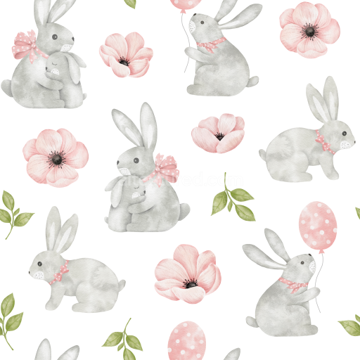 Seamless 3D PBR Texture with Watercolor Easter Bunnies and Floral Pattern