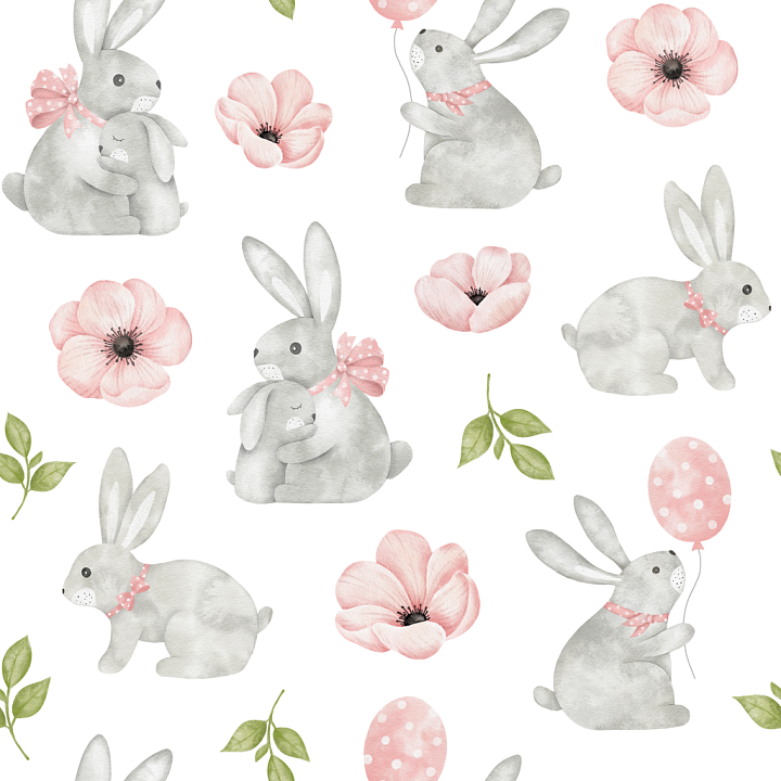 with Watercolor Easter Bunnies and Floral Pattern seamless PBR texture preview
