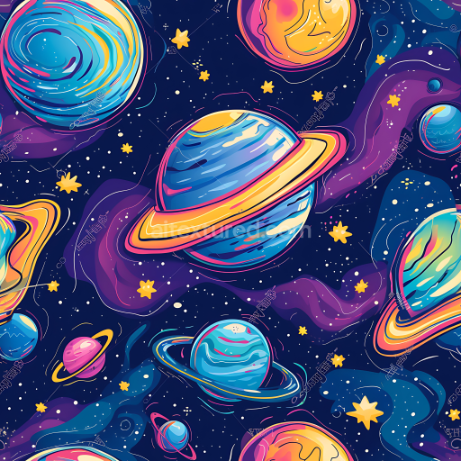 Seamless 3D PBR Texture Featuring Stylized Planets and Cosmic Nebula Clouds