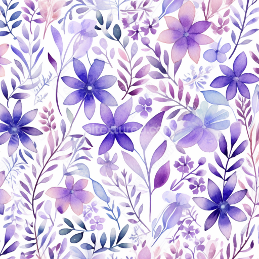 Seamless 3D PBR Texture of Delicate Purple Watercolor Flowers and Leaves