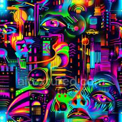 seamless Seamless 3D PBR Texture Featuring Neon Abstract Graffiti with Urban Faces and Cityscape texture 8k free download PBR