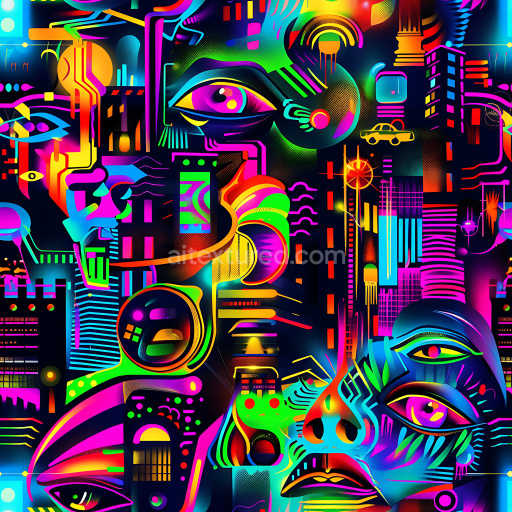 Seamless 3D PBR Texture Featuring Neon Abstract Graffiti with Urban Faces and Cityscape