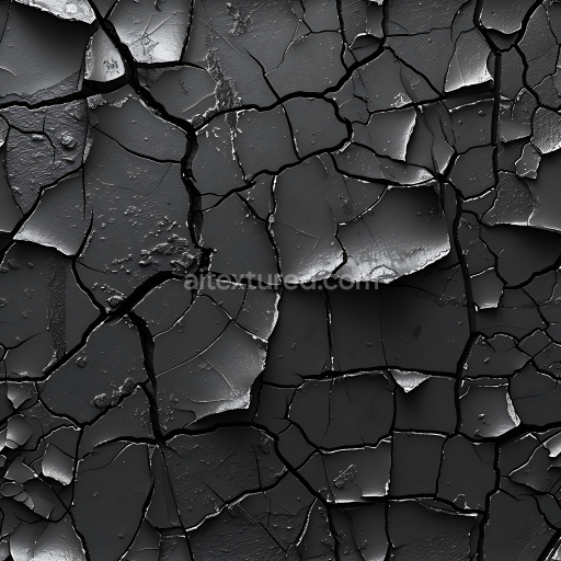 Seamless 3D Cracked Black Paint PBR Texture with Jagged Fractures and Peeling Layers