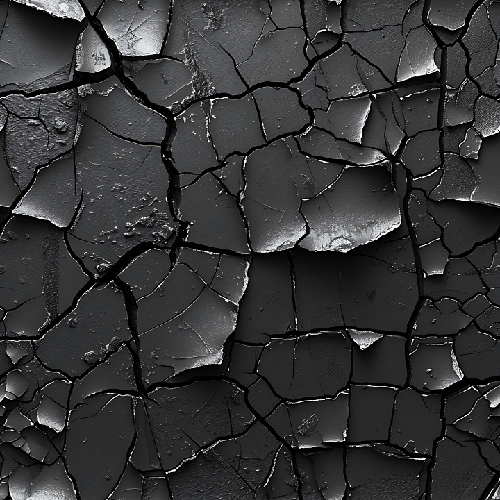 Cracked Black Paint with Jagged Fractures and Peeling Layers seamless PBR texture preview