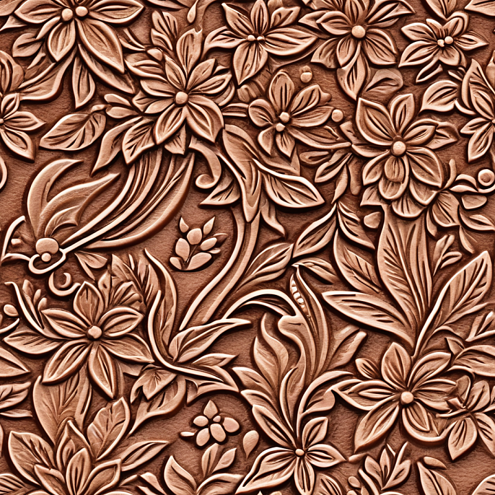 Embossed Floral Brown Leather with Detailed Leaf Patterns seamless PBR texture preview