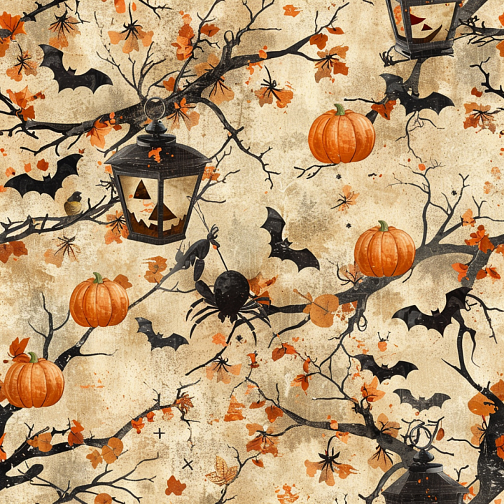 with Vintage Halloween Pattern Featuring Pumpkins and Lanterns seamless PBR texture preview