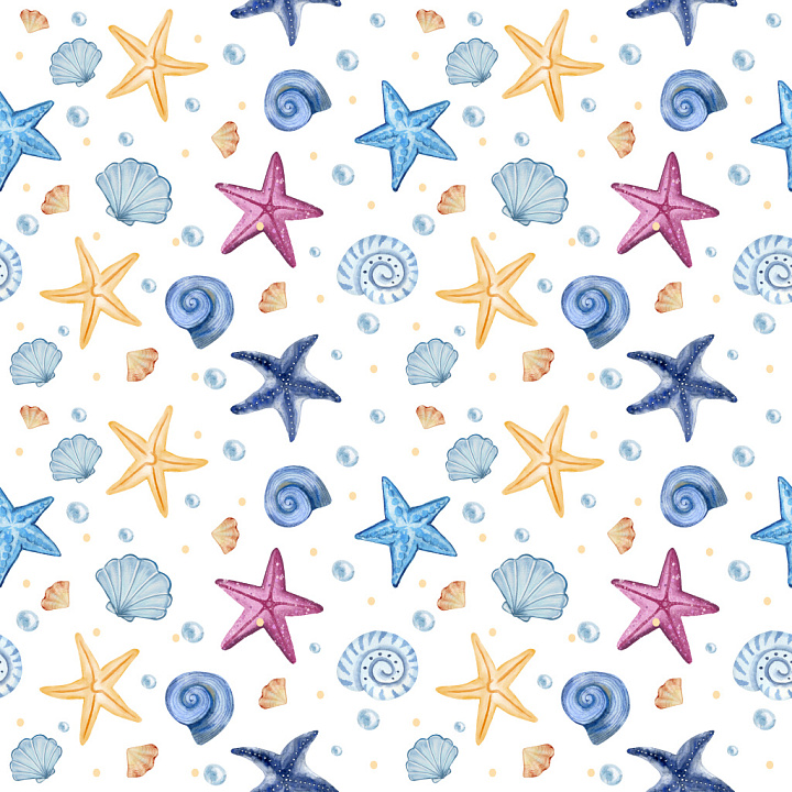 Pattern Featuring Colorful Starfish and Seashell Motifs seamless PBR texture preview