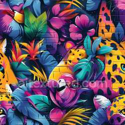 seamless Seamless 3D PBR texture of vibrant jungle graffiti mural with colorful animals and foliage texture 8k free download PBR