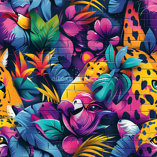 Seamless 3D PBR texture of vibrant jungle graffiti mural with colorful animals and foliage