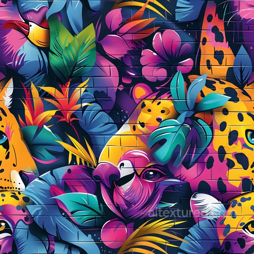 Seamless 3D PBR texture of vibrant jungle graffiti mural with colorful animals and foliage texture preview
