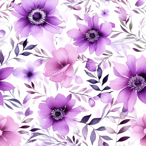 Seamless 3D PBR Texture of Purple Flower Pattern with Watercolor Floral Design