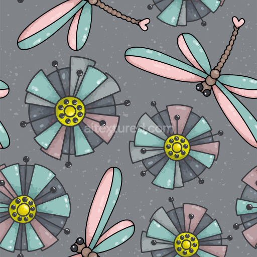 Seamless 3D PBR Texture with Stylized Dragonflies and Abstract Flowers