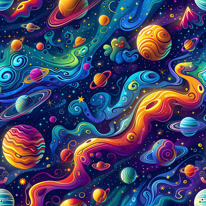 Space Featuring Colorful Nebulae and Stylized Planets seamless PBR texture preview