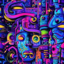seamless Seamless 3D PBR Graffiti Texture Featuring Neon Robot Faces and Futuristic Abstract Art texture 8k free download PBR