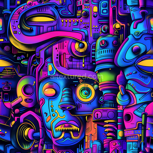 Seamless 3D PBR Graffiti Texture Featuring Neon Robot Faces and Futuristic Abstract Art