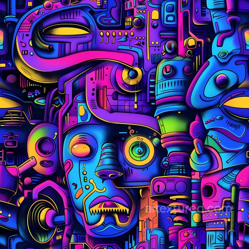 Seamless 3D PBR Graffiti Texture Featuring Neon Robot Faces and Futuristic Abstract Art texture preview