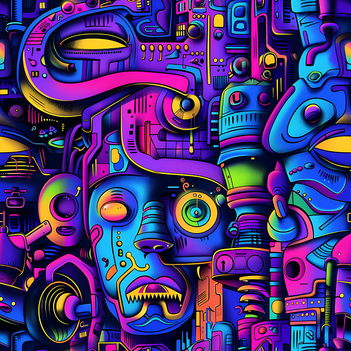Graffiti Featuring Neon Robot Faces and Futuristic Abstract Art seamless PBR texture preview