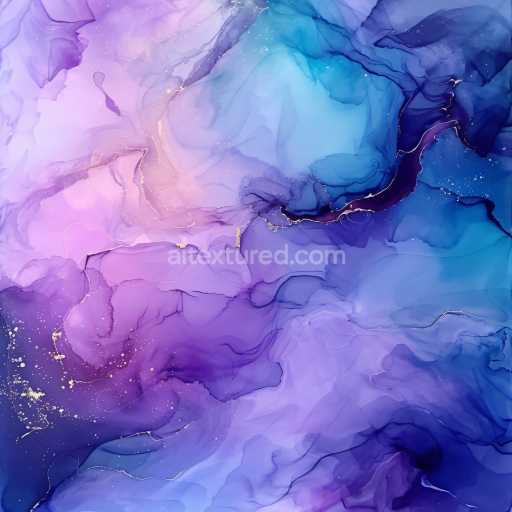 Seamless 3D Alcohol Ink PBR Texture Featuring Violet and Blue Fluid Swirls with Gold Veins