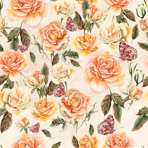 Seamless 3D PBR Texture of Soft Floral Pattern with Orange Roses and Butterflies