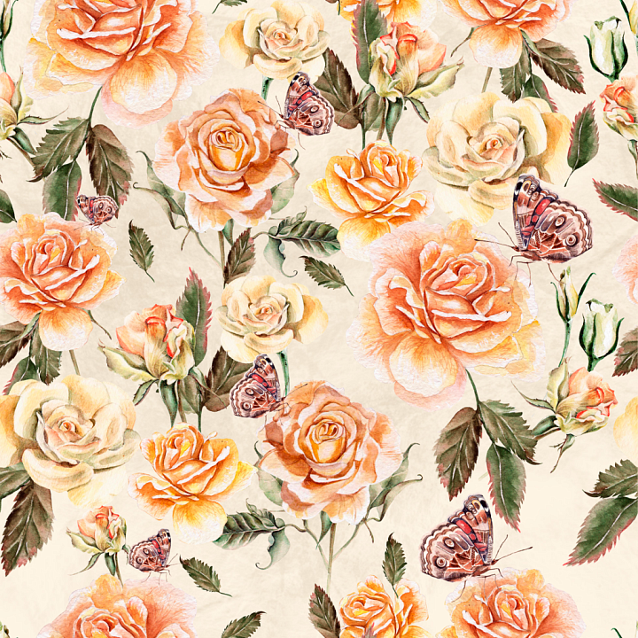 Flower of Soft Floral Pattern with Orange Roses and Butterflies seamless PBR texture preview