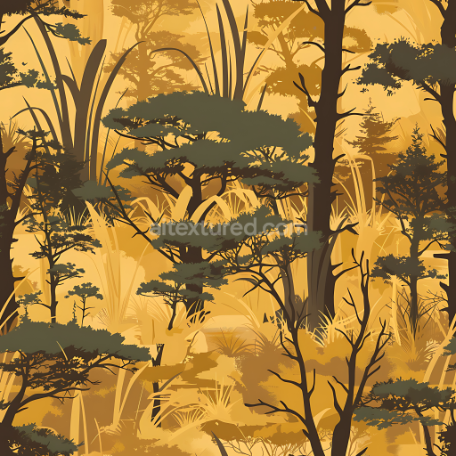Preview — Seamless 3D Woodland Camouflage PBR Texture in Warm Golden Tones with Detailed Tree Silhouettes