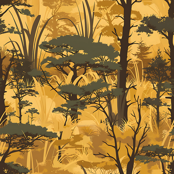 Woodland Camouflage in Warm Golden Tones with Detailed Tree Silhouettes seamless PBR texture preview