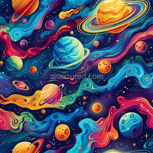 Seamless 3D Space PBR Texture Featuring Vibrant Galactic Nebula and Colorful Planets