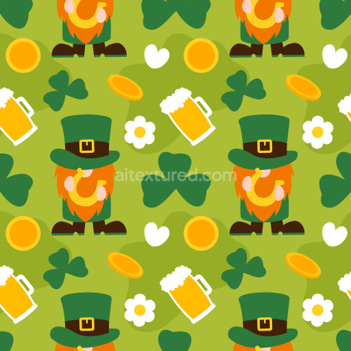Seamless 3D PBR Digital Paper Texture with St Patrick Cartoon Motifs and Shamrocks