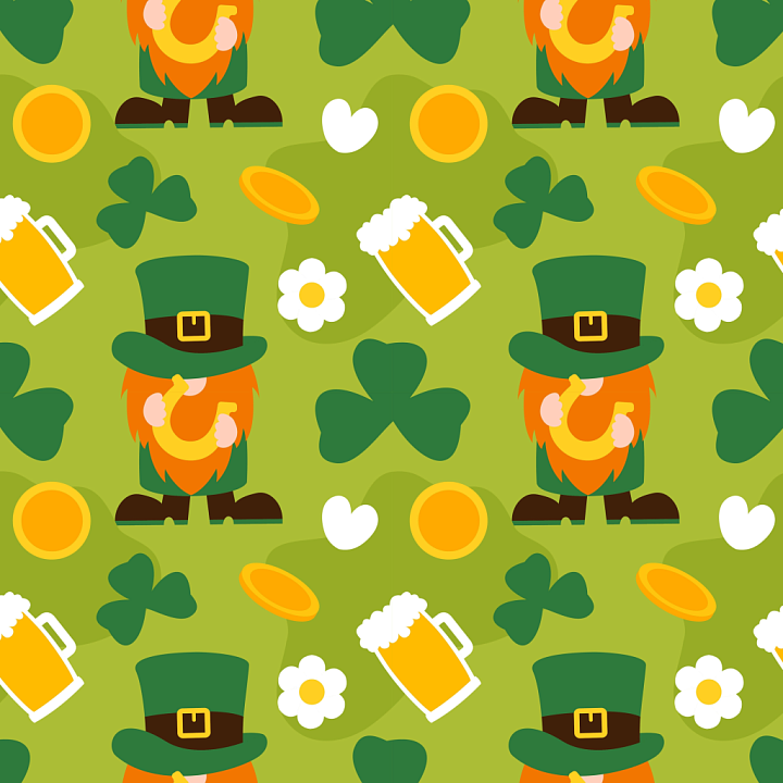 Digital Paper with St Patrick Cartoon Motifs and Shamrocks seamless PBR texture preview