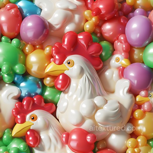 Inflated PBR Texture with Colorful Cartoon Chicken and Balloon Elements seamless Inflated PBR texture