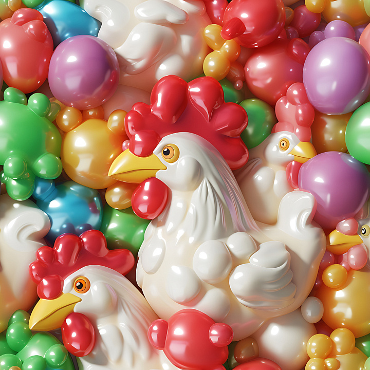 Inflated with Colorful Cartoon Chicken and Balloon Elements seamless PBR texture preview