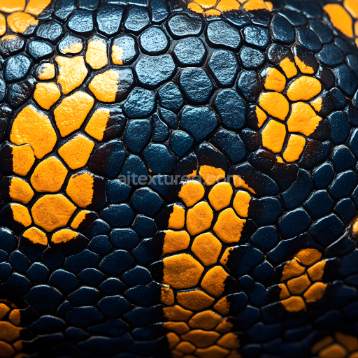 Seamless 3D PBR Texture of Stylized Reptile Skin with Glossy Dark Blue and Orange Scales