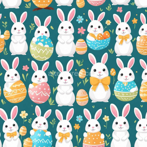 Seamless 3D PBR Texture Featuring Cute Easter Bunny and Colorful Egg Pattern