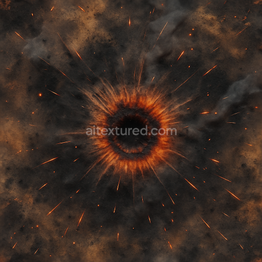 Seamless 8k PBR 3d texture showing shockwave with scorch marks and blast crater from explosion