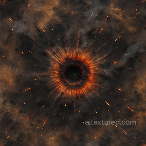Seamless 8K PBR 3D texture showing shockwave with scorch marks and blast crater from expl… seamless Explosion PBR texture
