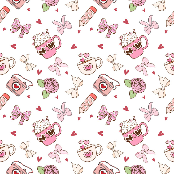 Pattern Featuring Valentines Day Cups, Bows, and Romantic Motifs seamless PBR texture preview