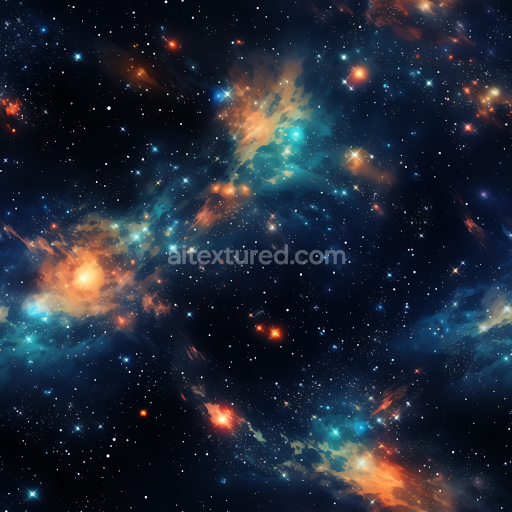 Seamless 3D Space PBR Texture Featuring Vibrant Nebula and Starfield with Orange and Blue Hues