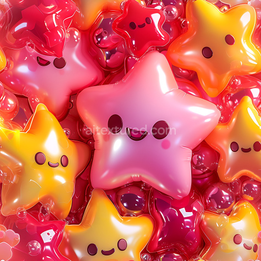 Seamless 3D Inflated PBR Texture Featuring Glossy Star-Shaped Vinyl Balloons in Pink, Red, and Orange