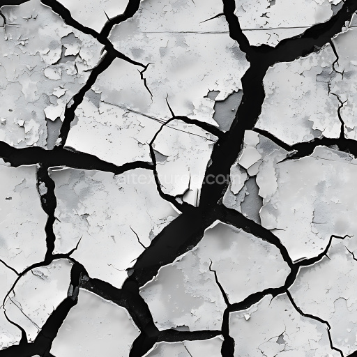Seamless 3D Cracked Paint PBR Texture Featuring Deep Black Fractures and Peeling Surface