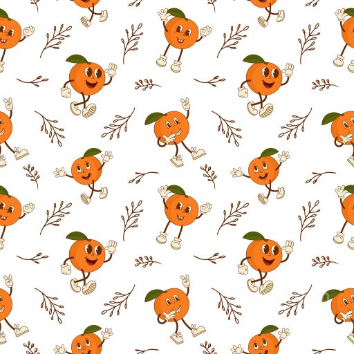 Pattern PBR Texture with Playful Cartoon Orange Characters and Brown Botanical Elements seamless Pattern Bundle PBR texture