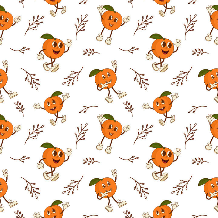 Pattern with Playful Cartoon Orange Characters and Brown Botanical Elem… seamless PBR texture preview