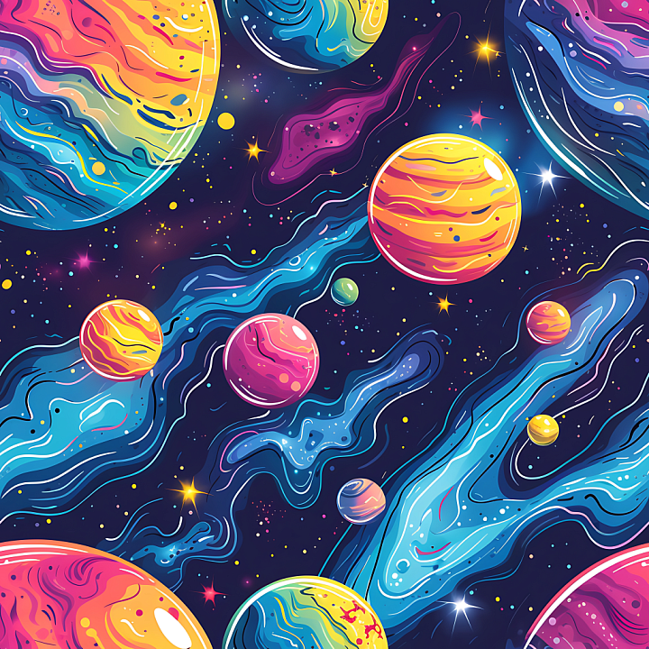 Space Featuring Colorful Nebulae and Stylized Planets seamless PBR texture preview