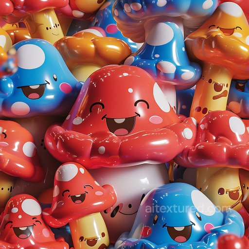 Inflated Glossy Cartoon Mushroom PBR Texture with Playful Faces seamless Inflated PBR texture